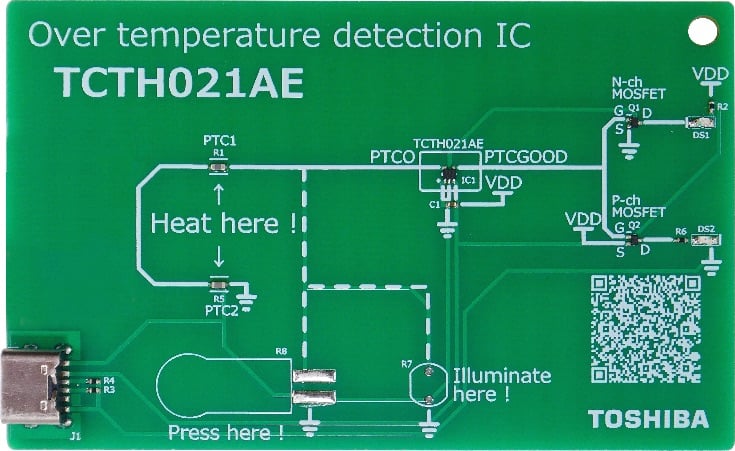 The reference design for the TCTH021AE highlights the simplicity in deploying the chip, with a minimal number of external components needed to accomplish temperature detection.