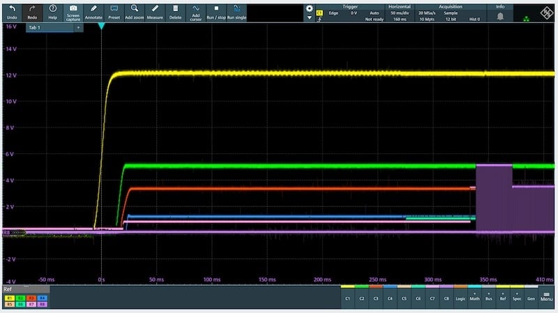 The MXO 5 series’ 8 channels can be used for power sequencing test and measurement, where 8 power levels can be measured and characterized simultaneously.