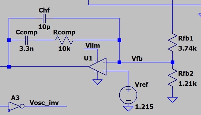 The error amplifier portion of an LTspice buck converter with current-mode control.