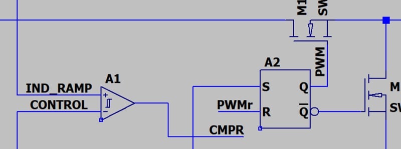 The portion of an LTspice schematic of a CMC buck converter that shows the comparator and SR latch.