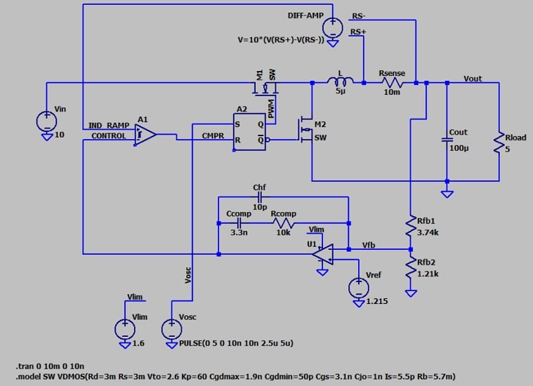 LTspice schematic of a peak-CMC buck converter without startup-assistance circuitry.